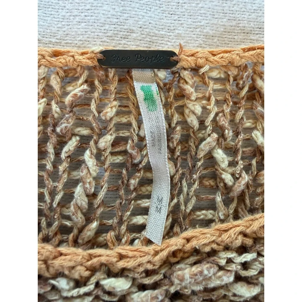 Free People Tan Space Dye Open Knit Costal Romantic Crochet Trim Sweater Size M